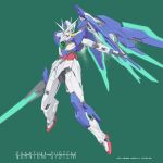  00_qan[t] artist_name english_commentary english_text green_background green_eyes gundam gundam_00 gundam_00_a_wakening_of_the_trailblazer highres holding holding_sword holding_weapon light_particles mecha mobile_suit no_humans redesign robot shield solo sword v-fin wdy1000 weapon 