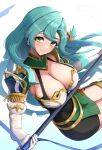  1girl absurdres aqua_hair armor bangs bare_shoulders braid breastplate breasts chloe_(fire_emblem) cleavage covered_navel elbow_gloves fire_emblem fire_emblem_engage garter_straps gloves gonzarez green_eyes highres large_breasts long_hair looking_at_viewer pegasus_knight_uniform_(fire_emblem) polearm shoulder_armor side_braid single_braid skin_tight smile solo spear very_long_hair weapon white_gloves 