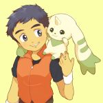  1boy animal_on_shoulder asuma64 black_eyes black_hair black_shirt blush digimon digimon_(creature) digimon_tamers fingernails grin horns li_jianliang orange_vest shirt single_horn smile solo terriermon vest white_wristband wristband zipper_pull_tab 