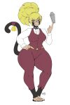  absurd_res accessory anthro bartender bell black_body black_fur blonde_hair clothing female fur furgonomics hair haplorhine hi_res looking_at_viewer mammal monkey nightfaux primate solo suzanne_(puppy_blizzy) tail tail_accessory tail_bell 