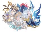  3boys abs ahoge antlers bangs black_nails black_shirt blonde_hair blue_butterfly blue_eyeshadow blue_gemstone blue_vest bracer brown_hair bug butterfly butterfly_on_hand cape circlet colored_tears commentary cropped_torso cross-shaped_pupils curly_hair eyeshadow fangs fingernails fire flower-shaped_pupils frost gauntlets gem gold_trim grape_vine hair_between_eyes hair_tubes hand_up hat highres holding_water identity_v jewelry laurel_crown leaf looking_at_viewer luchino_diruse luchino_diruse_(spring_heated_wine) makeup male_focus mini_hat monocle multiple_boys official_alternate_costume orpheus_(hollow)_(identity_v) orpheus_(identity_v) parted_bangs parted_lips perorinsr plant puffy_sleeves ring scales scarf sharp_fingernails shirt short_hair simple_background single_gauntlet single_tear skin_fangs sleeve_cuffs smile stone_tablet symbol-shaped_pupils test_tube topless_male upper_body vest vines weeping_clown_(identity_v) weeping_clown_(swallow_of_deception)_(identity_v) white_background white_cape white_hair white_shirt yellow_pupils yellow_scarf 