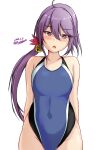  1girl akebono_(kancolle) alternate_breast_size alternate_costume bell black_one-piece_swimsuit blue_necktie blue_one-piece_swimsuit breasts competition_swimsuit dated flower hair_bell hair_flower hair_ornament highleg highleg_swimsuit highres jingle_bell kantai_collection long_hair medium_breasts montemasa necktie one-hour_drawing_challenge one-piece_swimsuit purple_eyes purple_hair side_ponytail swimsuit twitter_username two-tone_swimsuit very_long_hair 