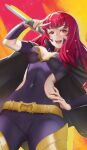  1girl ass_visible_through_thighs breasts cape choker covered_navel dagger facial_tattoo fire_emblem fire_emblem_engage from_below highres holding holding_dagger holding_knife holding_weapon knife looking_at_viewer looking_down medium_breasts open_mouth pomelomelon red_eyes red_hair smile solo star_(symbol) tattoo thick_thighs thighs v weapon yunaka_(fire_emblem) 