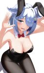  1girl animal_ears black_leotard blue_eyes blue_hair blue_wings blush bow bowtie breasts cleavage detached_collar elira_pendora fake_animal_ears green_eyes hair_ornament hair_over_one_eye hair_wings head_wings highres large_breasts leotard looking_at_viewer nijisanji nijisanji_en one_eye_covered open_mouth pantyhose playboy_bunny rabbit_ears red_bow red_bowtie simple_background solo takechi49 thigh_gap virtual_youtuber white_background wings x_hair_ornament 