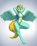  2022 anthro barefoot biped blonde_hair blue_body blue_fur bodysuit breasts clothed clothing cutie_mark digital_media_(artwork) equid equine eyebrows eyelashes feathered_wings feathers feet female foxovh fur gradient_background hair hands_behind_head hasbro hi_res hooves looking_at_viewer mammal my_little_pony pegasus shaded simple_background skinsuit solo tight_clothing wings wonderbolts_uniform yellow_eyes 