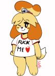  &lt;3 animal_crossing anthro beady_eyes black_eyes blush blush_lines blush_stickers bottomless brown_body brown_fur canid canine canis clothed clothing domestic_dog female fur hand_on_hip hi_res isabelle_(animal_crossing) looking_at_viewer mammal nintendo one_eye_closed shih_tzu shirt short_stack simple_background smile solo supergal64 tan_body tan_fur text text_on_clothing thick_thighs topwear toy_dog white_background white_body white_clothing white_fur white_shirt white_topwear wide_hips wink winking_at_viewer 