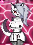 2022 absurd_res anthro big_breasts bikini black_body black_fur black_nose breasts camel_toe canid canid_demon clothing collar demon ear_piercing female fur hair hair_over_eye hellhound helluva_boss hi_res huge_breasts loona_(helluva_boss) mammal navel notched_ear one_eye_obstructed piercing pupils raydonxd red_sclera slit_pupils solo spiked_collar spikes swimwear tail text url white_body white_eyes white_fur 