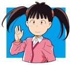  1girl amano_yo-ki azuki-chan bangs black_eyes blue_background blush border brown_hair cardigan eyebrows_hidden_by_hair female_child long_hair noyama_azusa pink_cardigan shirt simple_background smile solo twintails waving white_border white_shirt 