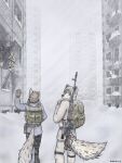  absurd_res anthro arctic_wolf blizzard_(weather) canid canine canis city city_background clothed clothing cold destroyed_building gun hi_res looking_at_viewer looking_back mammal post-apocalyptic ranged_weapon rifle sniper_rifle snow weapon weremlems wolf 