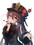  1girl absurdres bangs brown_hair card covering_mouth flower genshin_impact hair_between_eyes hat highres hu_tao_(genshin_impact) jewelry long_hair nail_polish qixia ring simple_background solo upper_body white_background 
