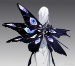  1girl 270_(woshizongg) butterfly_girl butterfly_wings chinese_commentary dress extra_eyes facing_away from_behind gradient_background grey_background long_hair monster_girl original pointy_ears solo white_dress white_hair wings 