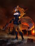  absurd_res anthro apocalypse building canid canine city city_destruction clothing destroyed_building destruction female fox fur gun hi_res holding_gun holding_object holding_weapon macro mammal post-apocalyptic ranged_weapon redelder solo uniform weapon 