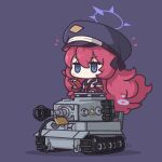  1girl bangs blue_archive book chibi commentary_request ground_vehicle hair_between_eyes halo hat holding holding_book iroha_(blue_archive) long_hair long_sleeves looking_away military military_vehicle motor_vehicle necktie peaked_cap purple_eyes ran_system red_hair riding school_uniform sidelocks simple_background smoke solo tank tiger_i 