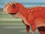  4:3 absurd_res ambiguous_gender back_spikes dinosaur feral glistening glistening_eyes hi_res imperatorcaesar mouth_closed neck_spikes no_sclera orange_eyes red_body reptile scalie side_view simple_background solo spikes spikes_(anatomy) 
