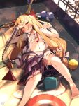  1girl absurdres alcohol armpits bangs barefoot belt blonde_hair blush bow chain collared_shirt commentary_request cube drooling drunk fang flat_chest foot_out_of_frame gourd hair_bow highres horn_bow horn_ornament horns ibuki_suika indoors long_hair looking_at_viewer low-tied_long_hair lying midriff navel on_back on_floor open_belt open_mouth orange_eyes orb panties purple_bow purple_skirt pyramid_(structure) red_bow sake shirt shouji skirt sleeveless sleeveless_shirt sliding_doors smile solo tatami toes touhou underwear very_long_hair white_panties white_shirt woruta_(soloistlist) wrist_cuffs 