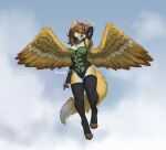  2022 angel anthro armwear biped black_clothing black_legwear black_thigh_highs breasts brown_hair bustier canid canine clothed clothing digital_media_(artwork) elbow_gloves feathered_wings feathers female flying fox foxovh fur gloves green_clothing hair handwear legwear mammal solo thigh_highs white_body white_fur wings yellow_body yellow_fur 