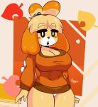  animal_crossing anthro beady_eyes big_breasts black_eyes blush blush_lines breasts brown_background brown_clothing brown_sweater brown_topwear canid canine canis cleavage clothed clothing dipstick_tail domestic_dog eyebrow_through_hair eyebrows female fur grey_background hair hi_res isabelle_(animal_crossing) looking_at_viewer mammal markings nintendo open_mouth orange_body orange_fur panties shih_tzu simple_background solo supergal64 sweater tail tail_markings tan_body tan_fur thick_thighs topwear toy_dog translucent translucent_hair underwear white_body white_clothing white_fur white_panties white_underwear wide_hips 