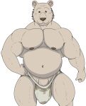 2023 anthro beady_eyes bear beastars big_biceps big_bulge brown_bear brown_nipples brown_nose bulge closed_smile clothed clothing front_view fur genital_outline genitals hand_on_hip hi_res looking_at_viewer male mammal mouth_closed musclegut navel nipples penis penis_base penis_outline riz_(beastars) ryanmakana simple_background solo tan_body tan_fur thick_thighs thong underwear underwear_only ursine white_background 