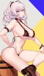  1girl absurdres bangs bare_shoulders barrel bikini black_bikini blush boots breasts choker cleavage collarbone grey_hair highres large_breasts long_hair looking_at_viewer navel original purple_eyes santa_(sunflower) skindentation solo swimsuit thighs twintails 