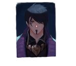  1boy :/ absurdres aphelios bangs black_background closed_mouth collared_shirt expressionless facial_mark highres jacket league_of_legends looking_at_viewer male_focus purple_eyes purple_jacket shirt short_hair solo suk180 swept_bangs white_background 