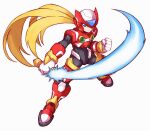  1boy android armor black_bodysuit blonde_hair blue_eyes bodysuit boots clenched_hand closed_mouth commentary energy_sword english_commentary floating_hair full_body gloves helmet holding holding_sword holding_weapon long_hair looking_at_viewer male_focus mega_man_(series) mega_man_zero red_footwear red_headwear redesign serious shoutaro_saito simple_background solo standing sword very_long_hair weapon white_background white_gloves zero_(mega_man) 