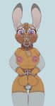  anthro bdsm blush bondage bound chastity_belt chastity_device clothing collar cuff_(restraint) disney female fur grey_background grey_body grey_fur handcuffs hi_res judy_hopps lagomorph leporid mammal metal_cuffs muzzle_(object) muzzled nipple_vibrator nipples purple_eyes rabbit restraints rubber rubber_clothing rubber_suit simple_background skidoo solo solo_focus zootopia 