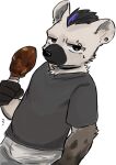  2023 5_fingers anthro arknights black_body black_fur black_hair blue_hair chicken_meat clothing collar ear_piercing eyebrow_piercing facial_piercing fingers food fur grey_body grey_fur hair hi_res holding_food holding_object hyena hypergryph looking_at_viewer male mammal meat mimizuku_kemo multicolored_hair piercing shirt solo spot_(arknights) spots spotted_body spotted_fur spotted_hyena studio_montagne t-shirt topwear two_tone_hair 