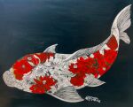  #b7282e absurdres animal_focus artist_name black_background commentary fish flower highres koi no_humans original red_flower rose signature simple_background spider_lily traditional_media white_flower 