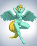  2022 anthro areola biped blonde_hair blue_body blue_fur breasts cutie_mark digital_media_(artwork) equid equine eyebrows eyelashes feathered_wings feathers female foxovh fur genitals gradient_background hair hands_behind_head hasbro hi_res hooves looking_at_viewer mammal my_little_pony navel nipples nude pegasus pussy shaded simple_background solo wings yellow_eyes 