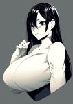 1girl absurdres black_eyes black_hair breasts commentary_request curvy from_side grey_background highres huge_breasts hz_(666v) large_breasts limited_palette long_hair mole mole_under_eye original shirt sketch unfinished upper_body white_shirt 
