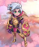 1girl armored_boots bangs belt boots cloud facial_tattoo flower full_body green_eyes grey_hair heart heartbreaker_vi league_of_legends long_sleeves multicolored_background petals phantom_ix_row ponytail rose short_hair smile solo standing tattoo thigh_boots vi_(league_of_legends) 