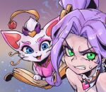  1girl :d angry animal bangs bare_shoulders blue_eyes book bow cat clenched_teeth green_eyes heart heartseeker_jinx heartseeker_yuumi league_of_legends looking_at_viewer multicolored_background official_alternate_costume open_book parted_hair phantom_ix_row pink_hair purple_bow smile teeth twintails yuumi_(league_of_legends) 