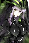  1girl :p black_bodysuit black_headdress bodysuit breasts fate/extra fate/extra_ccc fate/extra_ccc_fox_tail fate/grand_order fate_(series) giant giantess gimp_suit green_ribbon heterochromia kingprotea_(fate) large_breasts latex latex_bodysuit long_hair looking_at_viewer mejegyo purple_eyes purple_hair ribbon shiny_clothes skin_tight solo tongue tongue_out veil xochitonal_(fate) yellow_eyes 