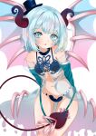  1girl arms_behind_back bare_shoulders blue_eyes blue_hair blue_wings blush breasts demon_girl demon_horns demon_tail demon_wings detached_sleeves dress feet_out_of_frame hat highres horns light_blue_hair looking_at_viewer mini_hat mini_top_hat navel open_mouth original pink_wings revealing_clothes see-through see-through_dress short_hair simple_background small_breasts solo subetehakai tail tilted_headwear top_hat two-tone_wings white_background wings 