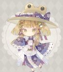  1girl adapted_costume animal_print apron argyle argyle_background blonde_hair blush bow brown_headwear closed_mouth diagonal-striped_bow doily floral_print frog_hair_ornament frog_print full_body hair_ornament hair_ribbon hat hat_bow highres japanese_clothes kimono medium_hair moriya_suwako nikorashi-ka print_kimono purple_bow purple_kimono red_bow red_footwear red_ribbon ribbon ribbon-trimmed_sleeves ribbon_trim shoes sidelocks sleeves_past_fingers sleeves_past_wrists solo striped striped_bow touhou tress_ribbon white_apron wide_sleeves yellow_eyes 