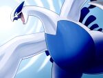  4:3 absurd_res ambiguous_gender belly big_belly blue_body front_view generation_2_pokemon hi_res imperatorcaesar legendary_pokemon long_neck looking_at_viewer lugia nintendo open_mouth pokemon pokemon_(species) red_tongue simple_background solo teeth tongue white_body 