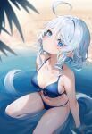  1girl absurdres bikini blue_bikini blue_eyes closed_mouth focalors_(genshin_impact) genshin_impact hahany highres looking_at_viewer smile solo swimsuit thighs water white_hair 