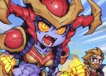  1boy :d abs bangs breasts character_request clenched_hands collarbone colored_sclera fangs helmet league_of_legends medium_breasts navel open_mouth orange_sclera outdoors phantom_ix_row red_armor shiny_clothes shoulder_plates shyvana smile teeth yellow_eyes 
