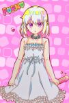  1girl :o awayuki_(kokakoka_art) bare_shoulders blush character_name collar colored_inner_hair dildo dohna_dohna_issho_ni_warui_koto_o_shiyou dress frilled_dress frills hair_ornament heart heart_hair_ornament highres holding holding_sex_toy looking_at_viewer multicolored_hair open_mouth pink_background pink_eyes pink_hair porno_(dohna_dohna) sex_toy short_hair sleeveless sleeveless_dress solo sparkle spiked_collar spikes straight-on two-tone_hair upper_body white_dress white_hair 