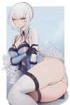  1girl ass bandaged_arm bandaged_leg bandaged_neck bandages bangs blush braid breasts detached_sleeves flower hair_flower hair_ornament highres kaine_(nier) large_breasts lingerie long_hair looking_at_viewer lying medium_hair nanoless negligee nier nier_(series) sidelocks smile solo thighs underwear white_hair yellow_eyes 