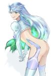  13addendum 1girl ass blue_hair colored_inner_hair fate/grand_order fate_(series) green_eyes grey_hair highres kukulkan_(fate) kukulkan_(second_ascension)_(fate) looking_at_viewer multicolored_hair revealing_clothes simple_background solo upper_body white_background 