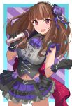  1girl ascot black_gloves blush breasts brown_hair center_frills flower forza_ferrari frilled_skirt frills gloves hair_flower hair_ornament highres holding holding_microphone idolmaster idolmaster_cinderella_girls kamiya_nao large_breasts looking_at_viewer microphone navel purple_ascot purple_skirt red_eyes ribbed_shirt shirt skirt sleeveless sleeveless_shirt smile solo straight_hair thick_eyebrows 