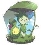  artist_name blurry blush budew closed_eyes eyelashes faux_figurine grass highres leaf milka_(milk4ppl) no_humans open_mouth pokemon pokemon_(creature) roselia_(pokemon) smile sparkle standing water_drop 