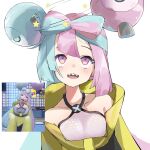  1girl absurdres bangs blush breasts character_hair_ornament collarbone commentary_request dizzy_(feeling) eyelashes green_hair hair_ornament highres iono_(pokemon) jacket long_hair open_mouth pink_hair pokemon pokemon_(game) pokemon_sv purple_eyes reference_inset rolling_eyes shirt sleeveless sleeveless_shirt solo spice_mega teeth tongue upper_body upper_teeth_only white_background yellow_jacket 