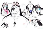  2022 abs ace_(super-tuler) anthro bared_teeth big_pecs black_and_white_fur blank_stare broad_shoulders bulge canid canine canis chest_tuft clothed clothing domestic_dog english_text expressions fangs fire heterochromia hi_res husky male mammal mostly_nude multiple_images muscular muscular_male narrowed_eyes nipples nordic_sled_dog pecs serious_face smile solo spitz super-tuler teeth text tongue tongue_out tuft underwear underwear_only wide_eyed 