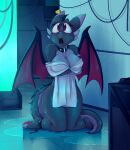  anthro breasts collar crossed_arms dragon ear_tag eyebrows eyelashes feet female grey_body heart_(marking) hi_res horn kinky_spy kneeling laboratory looking_at_viewer membrane_(anatomy) membranous_wings nude open_mouth purple_eyes scared solo towel water wet wings 