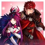  1boy 1girl armor bare_shoulders blue_dress blush border commentary criss-cross_halter diamant_(fire_emblem) dress fire_emblem fire_emblem_engage gzei halterneck highres ivy_(fire_emblem) long_hair nose_blush off-shoulder_dress off_shoulder outside_border pink_background purple_eyes purple_hair red_eyes red_hair shoulder_armor smile upper_body very_long_hair white_border 