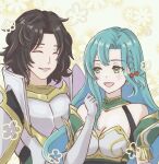  1boy 1girl :d ^_^ aqua_hair armor bare_shoulders black_hair blush breasts chloe_(fire_emblem) cleavage closed_eyes commentary_request elbow_gloves fire_emblem fire_emblem_engage gloves green_eyes highres large_breasts long_hair louis_(fire_emblem) open_mouth short_hair shoulder_armor smile tea6043 upper_body white_gloves 
