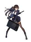 1girl absurdres assault_rifle bangs black_gloves brown_hair brown_thighhighs counter:side full_body gloves green_eyes gun highres holding holding_suitcase karin_wong long_hair official_art rifle suitcase thighhighs transparent_background uniform weapon 