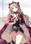  1girl absurdres bangs black_leotard black_nails black_sleeves black_thighhighs blonde_hair blush cape commentary_request covered_navel earrings ereshkigal_(fate) fate/grand_order fate_(series) fingernails forehead hair_ribbon highres indoors jewelry leotard long_hair looking_at_viewer misaki346 own_hands_together parted_bangs red_cape red_eyes red_ribbon ribbon signature single_sleeve single_thighhigh solo thighhighs tiara two-tone_cape two_side_up very_long_hair yellow_cape 